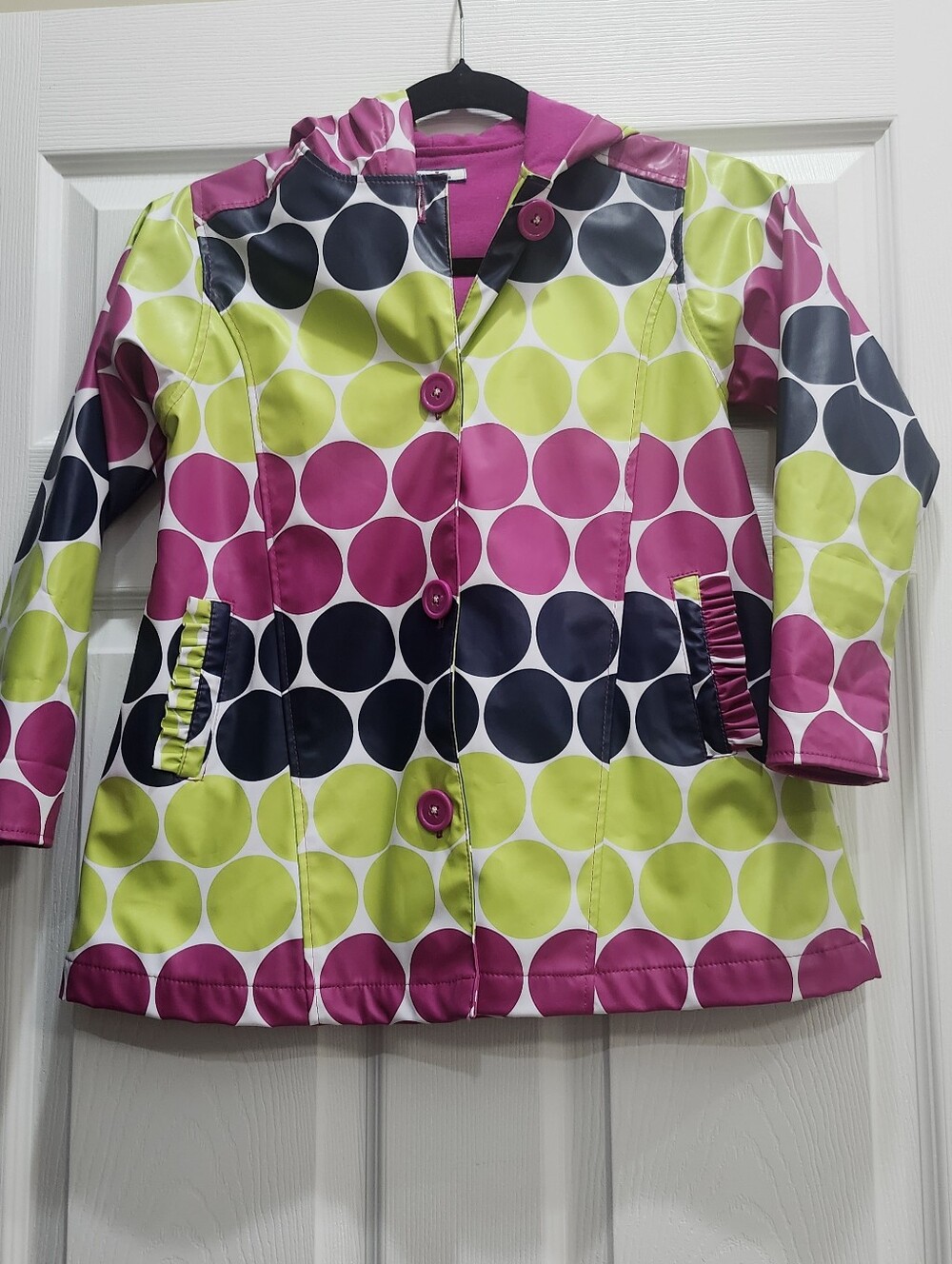 Hartstrings Rain Coat Jacket Girl's 5-6 Polka Dots Fleece Lining Hooded Buttons